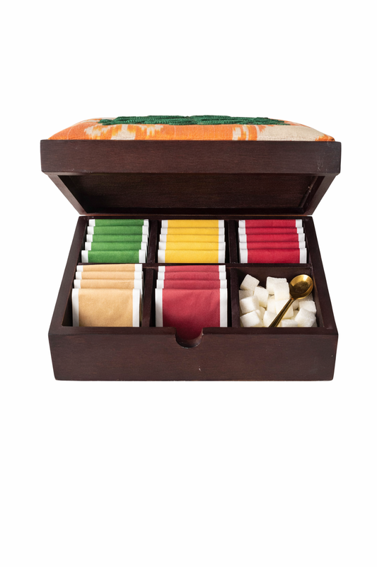 Wooden Tea Bag Storage Box with Embroidered Cushioned Lid